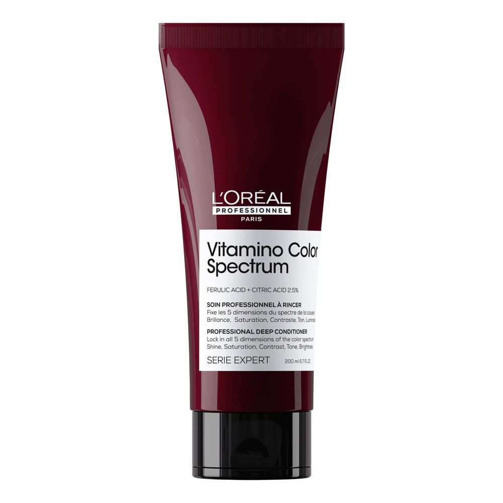 Soin revitalisant L’Oréal Professionnel Vitamino Color Spectrum 200 ml pour cheveux colorés, tube bordeaux avec bouchon noir sur fond blanc.