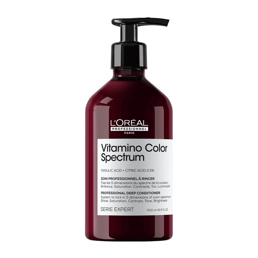 Revitalisant L’Oréal Professionnel Vitamino Color Spectrum 500 ml, bouteille bordeaux avec pompe noire pour nourrir et protéger les cheveux colorés.