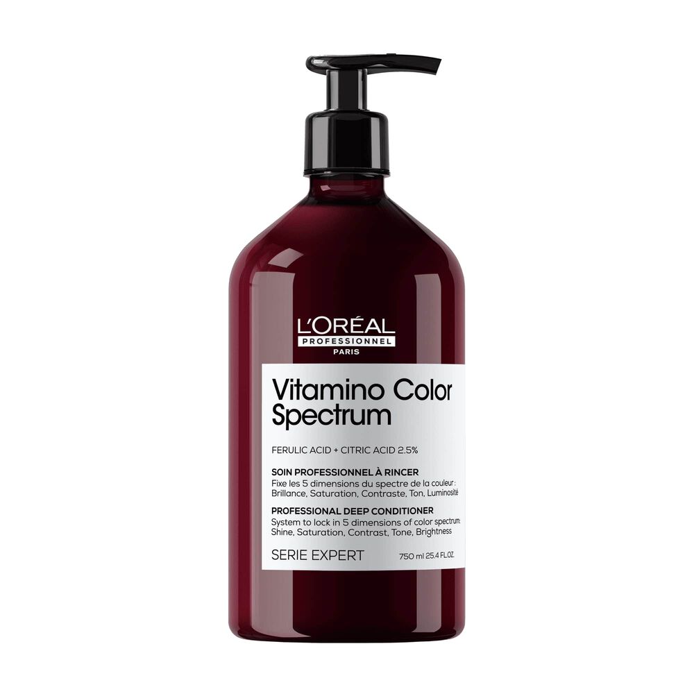 Soin professionnel L’Oréal Vitamino Color Spectrum 750 ml avec pompe noire, revitalisant pour préserver la brillance et l’éclat des cheveux colorés.