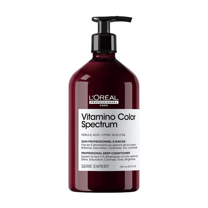 Soin professionnel L’Oréal Vitamino Color Spectrum 750 ml avec pompe noire, revitalisant pour préserver la brillance et l’éclat des cheveux colorés.
