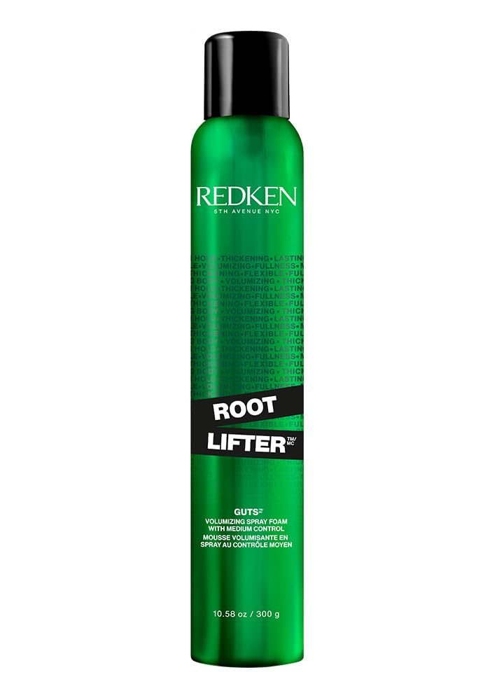Flacon spray coiffant Redken Root Lifter vert métallisé format aérosol 300 g avec bouchon noir, produit volumisant professionnel pour cheveux, fond blanc épuré.