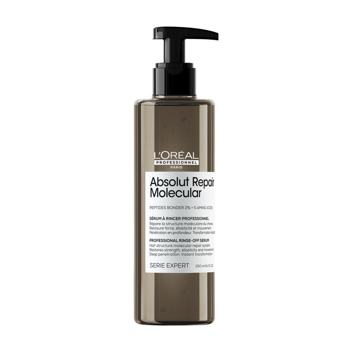 Sérum à rincer L’Oréal Professionnel Absolut Repair Molecular 250 ml, flacon brun transparent avec pompe noire sur fond blanc.