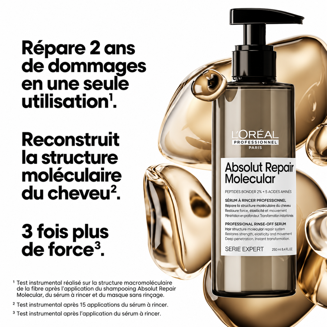 Sérum Absolut Repair Molecular L’Oréal Professionnel 250 ml avec pompe noire, présenté avec les bénéfices de réparation moléculaire et de renforcement.