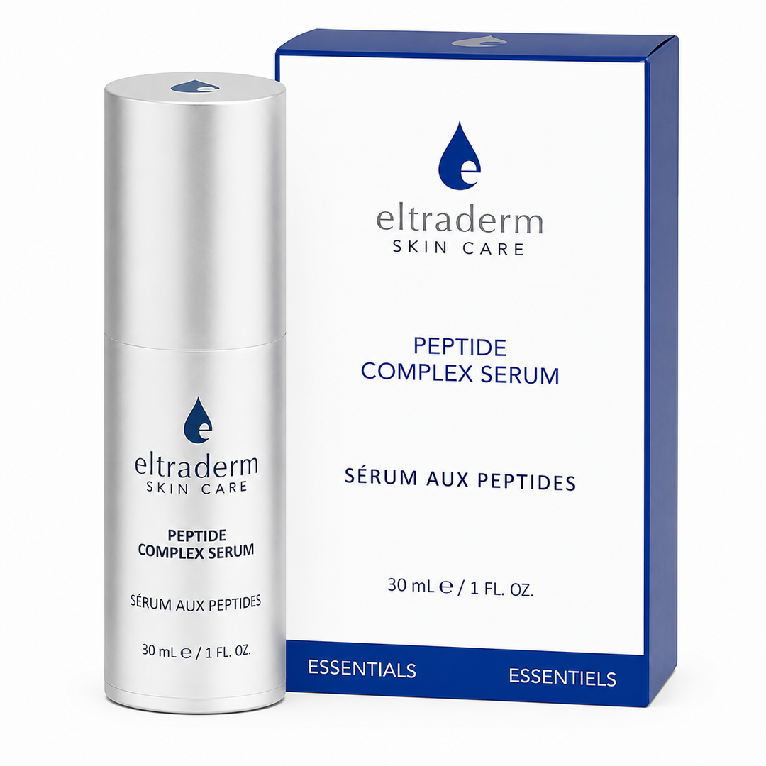 Sérum aux Peptides ELTRADERM Skin Care 30 ml dans un flacon pompe argenté et blanc avec boîte blanche bordure bleue, présenté sur fond blanc professionnel.