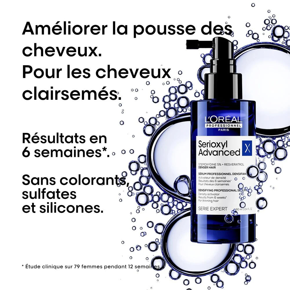 Sérum densifiant L’Oréal Serioxyl Advanced Denser Hair pour cheveux clairsemés, résultats annoncés dès 6 semaines, sans colorants, sulfates ni silicones.