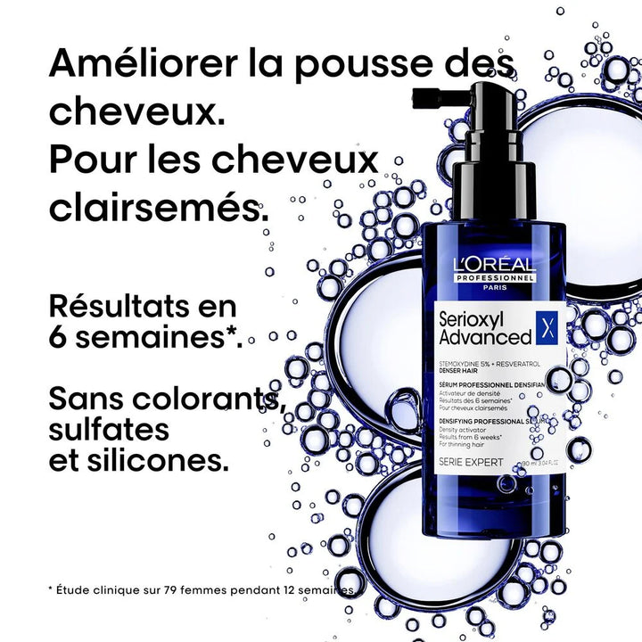 Sérum densifiant L’Oréal Serioxyl Advanced Denser Hair pour cheveux clairsemés, résultats annoncés dès 6 semaines, sans colorants, sulfates ni silicones.