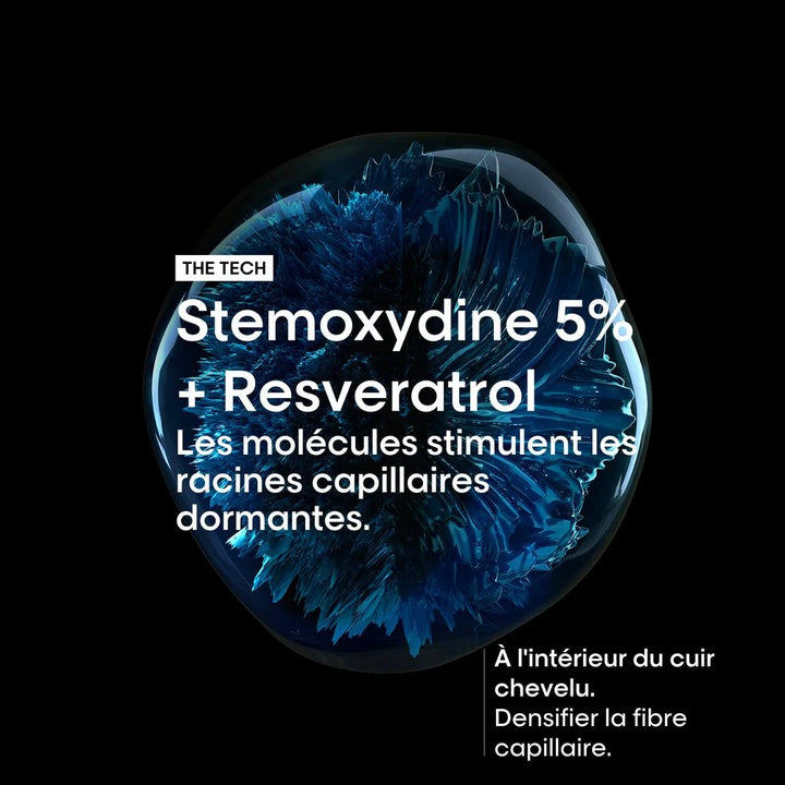 Technologie Stemoxydine 5 % et Resvératrol du sérum L’Oréal Professionnel Serioxyl Advanced pour améliorer la densité des cheveux clairsemés.