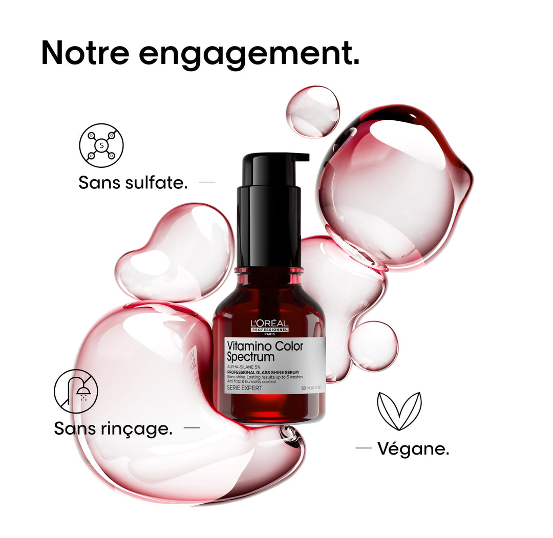 Sérum Vitamino Color Spectrum L’Oréal Professionnel 50 ml, formule sans sulfate, sans rinçage et végane, présenté avec visuels roses.