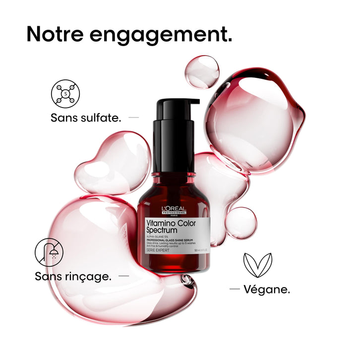 Sérum Vitamino Color Spectrum L’Oréal Professionnel 50 ml, formule sans sulfate, sans rinçage et végane, présenté avec visuels roses.