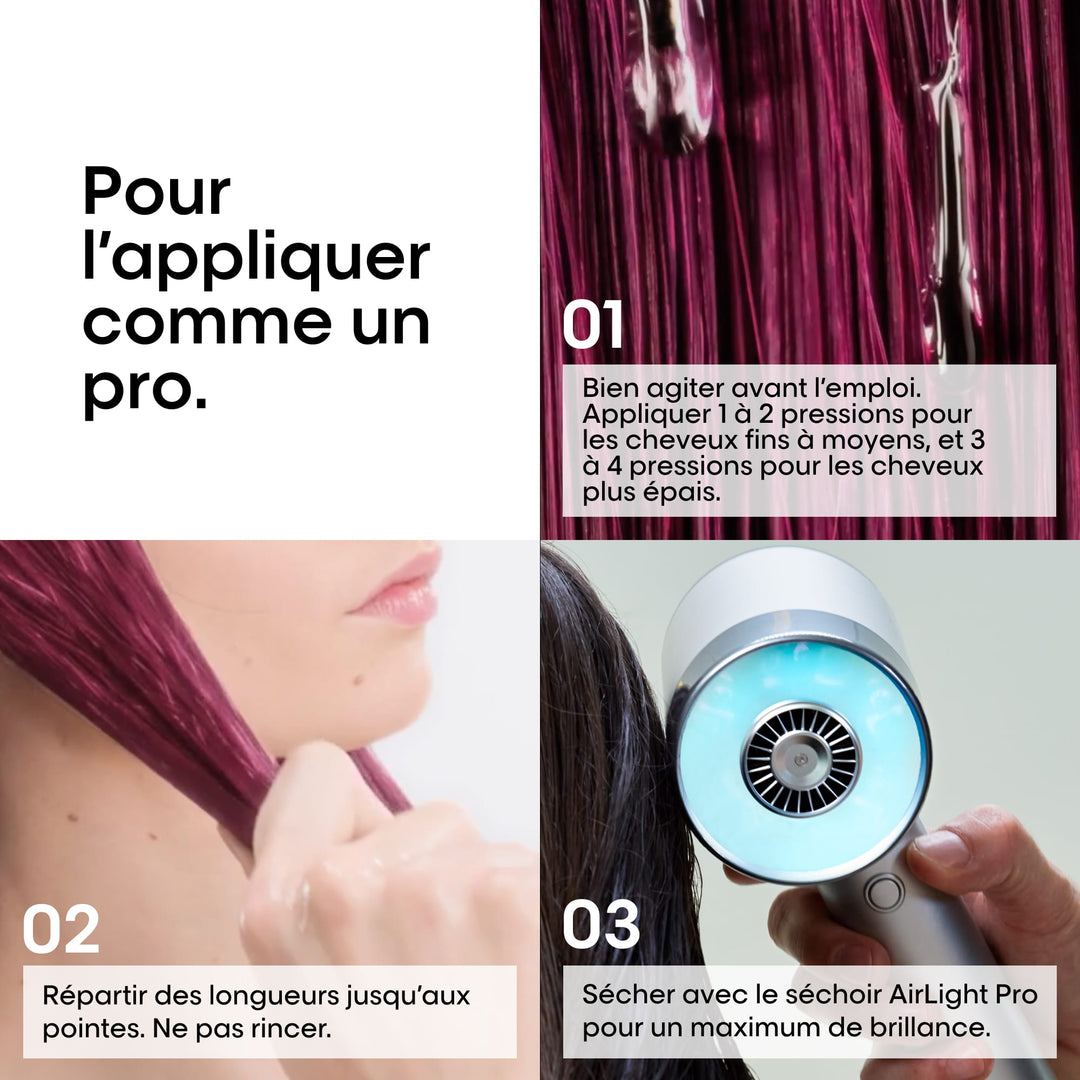 Application du sérum Vitamino Color Spectrum L’Oréal Professionnel sur les longueurs avant séchage pour maximiser la brillance des cheveux colorés.