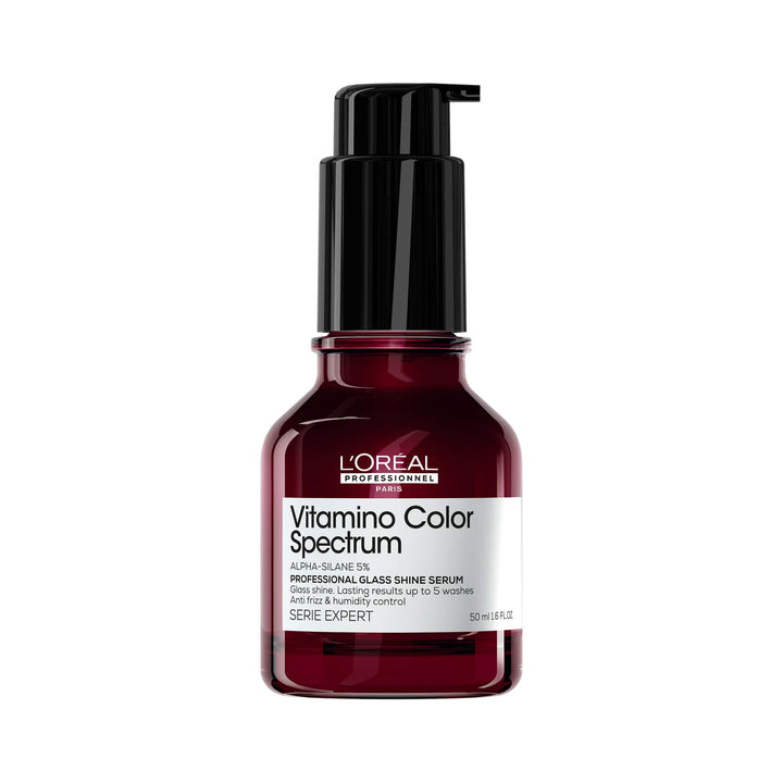 L’Oréal Professionnel Vitamino Color Spectrum Sérum Brillance Miroir 50 ml, flacon rouge foncé avec pompe noire et étiquette blanche sur fond blanc.