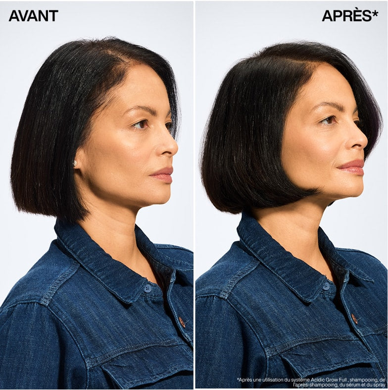 Avant après utilisation gamme Redken Grow Full sur cheveux foncés courts, effet densifiant visible avec plus de volume et de matière, rendu naturel en studio.