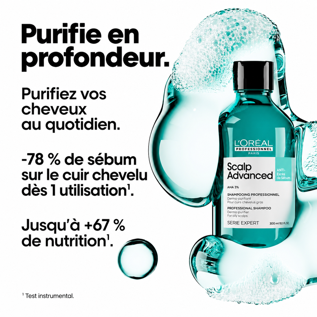 Résultats du shampoing L’Oréal Scalp Advanced Anti-Gras : réduction du sébum et cheveux plus volumineux dès la première utilisation.