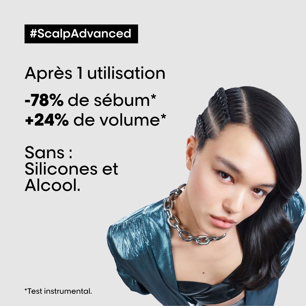 L’Oréal Professionnel Scalp Advanced shampoing anti-gras à l’AHA 3 %, soin purifiant pour réduire l’excès de sébum du cuir chevelu.