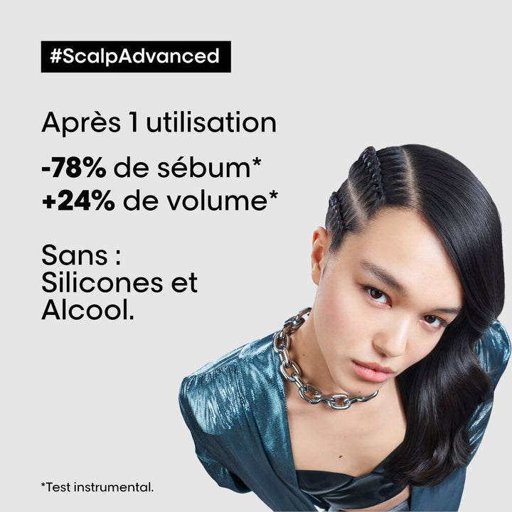 L’Oréal Professionnel Scalp Advanced shampoing anti-gras à l’AHA 3 %, soin purifiant pour réduire l’excès de sébum du cuir chevelu.