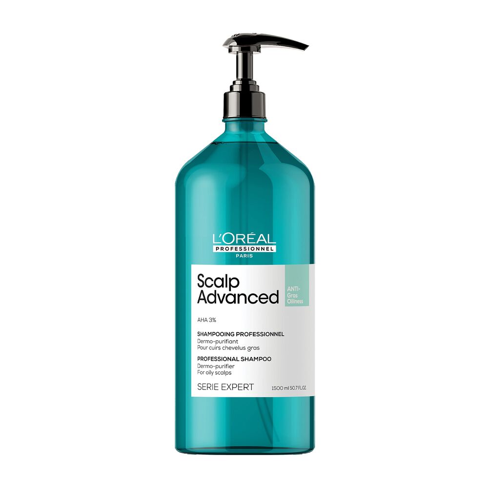 L’Oréal Professionnel Scalp Advanced shampoing Dermo-Purifiant Anti-Gras 1500 ml, grand format à pompe pour cuir chevelu gras.