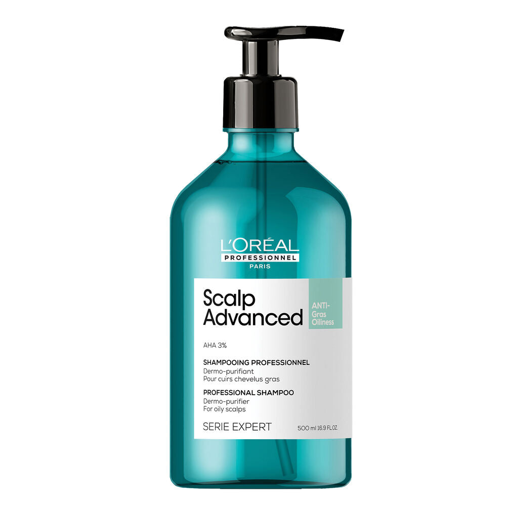 Shampoing L’Oréal Professionnel Scalp Advanced Dermo-Purifiant Anti-Gras 500 ml à l’AHA 3 %, bouteille turquoise avec pompe noire