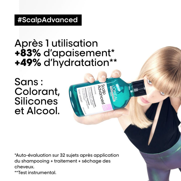 L’Oréal Professionnel Scalp Advanced Anti-Inconfort présenté avec ses bénéfices d’apaisement et d’hydratation pour les cuirs chevelus sensibles.
