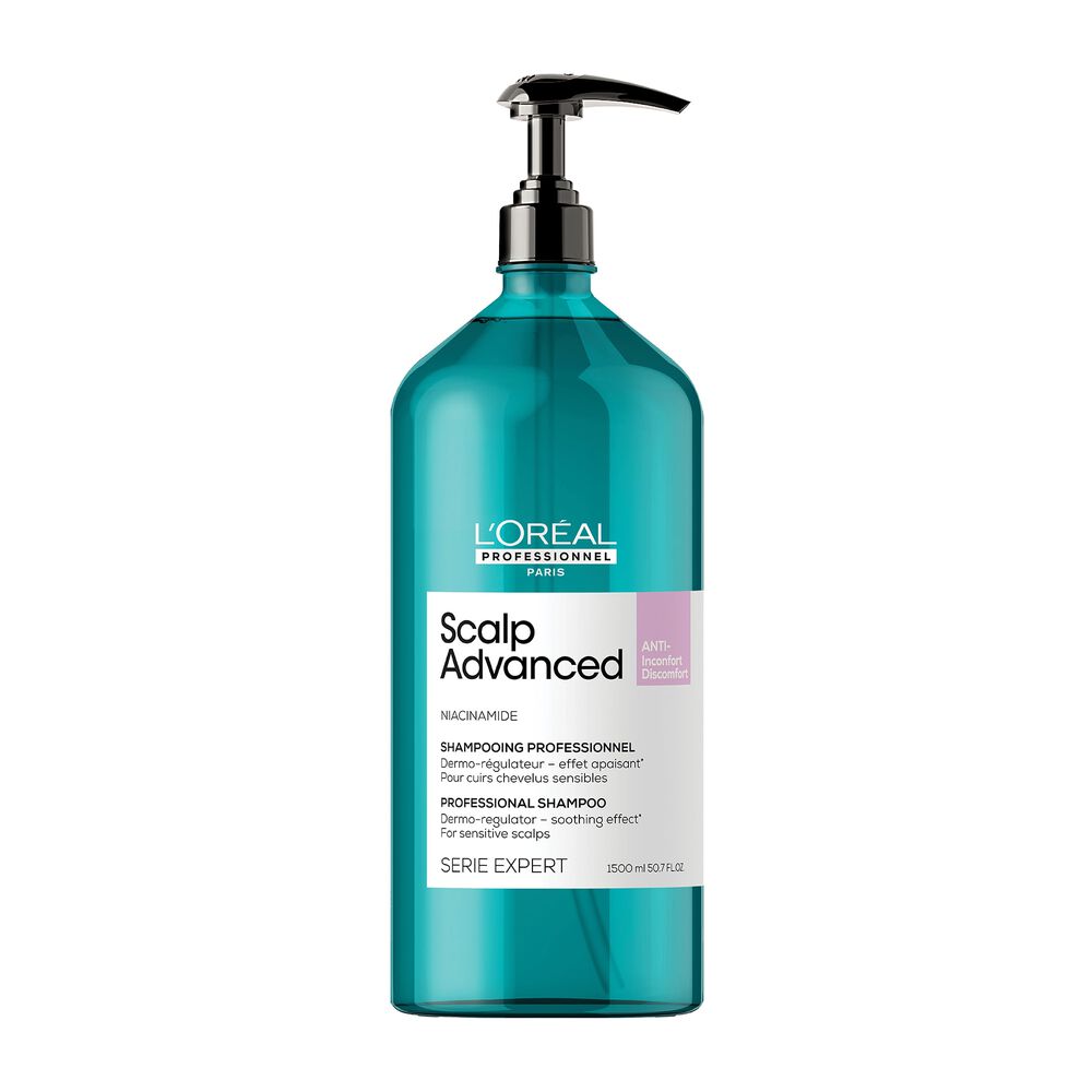 Shampooing professionnel L’Oréal Scalp Advanced Anti-Inconfort grand format 1500 ml, bouteille turquoise avec pompe noire sur fond blanc.