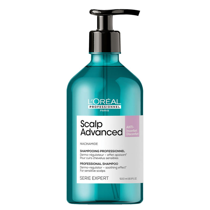 Shampooing L’Oréal Professionnel Scalp Advanced Anti-Inconfort 500 ml à la niacinamide, bouteille turquoise avec pompe noire sur fond blanc.