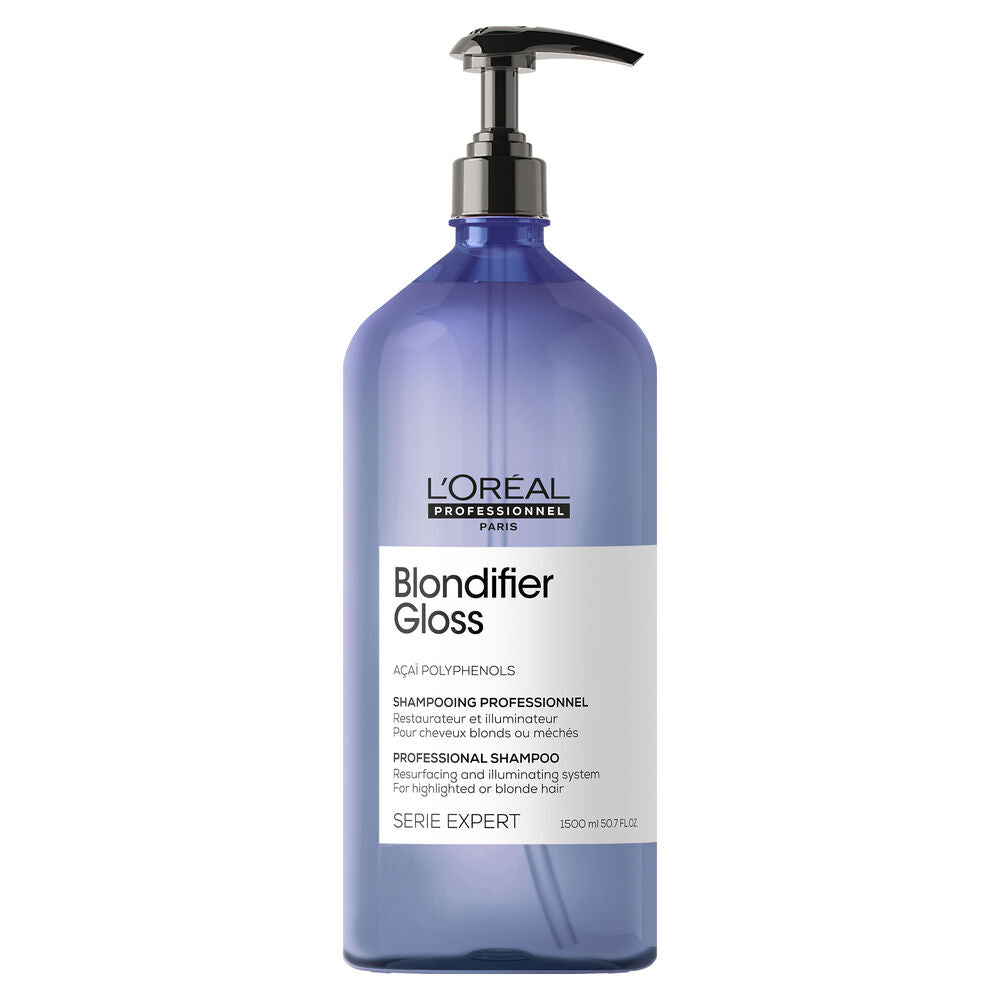 Shampoing Blondifier Gloss L’Oréal Professionnel Serie Expert 1500 ml, grand format bleu lavande avec pompe noire, pour cheveux blonds ou méchés.