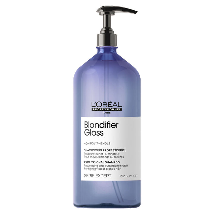 Shampoing Blondifier Gloss L’Oréal Professionnel Serie Expert 1500 ml, grand format bleu lavande avec pompe noire, pour cheveux blonds ou méchés.