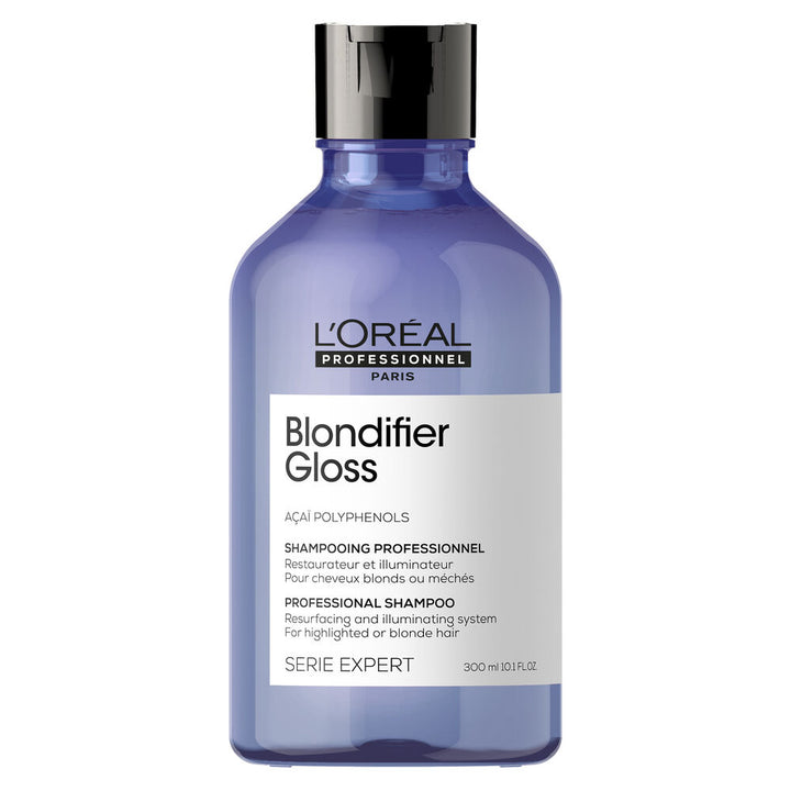 Shampoing Blondifier Gloss L’Oréal Professionnel Serie Expert 300 ml, bouteille bleu lavande avec bouchon noir, pour cheveux blonds ou méchés.
