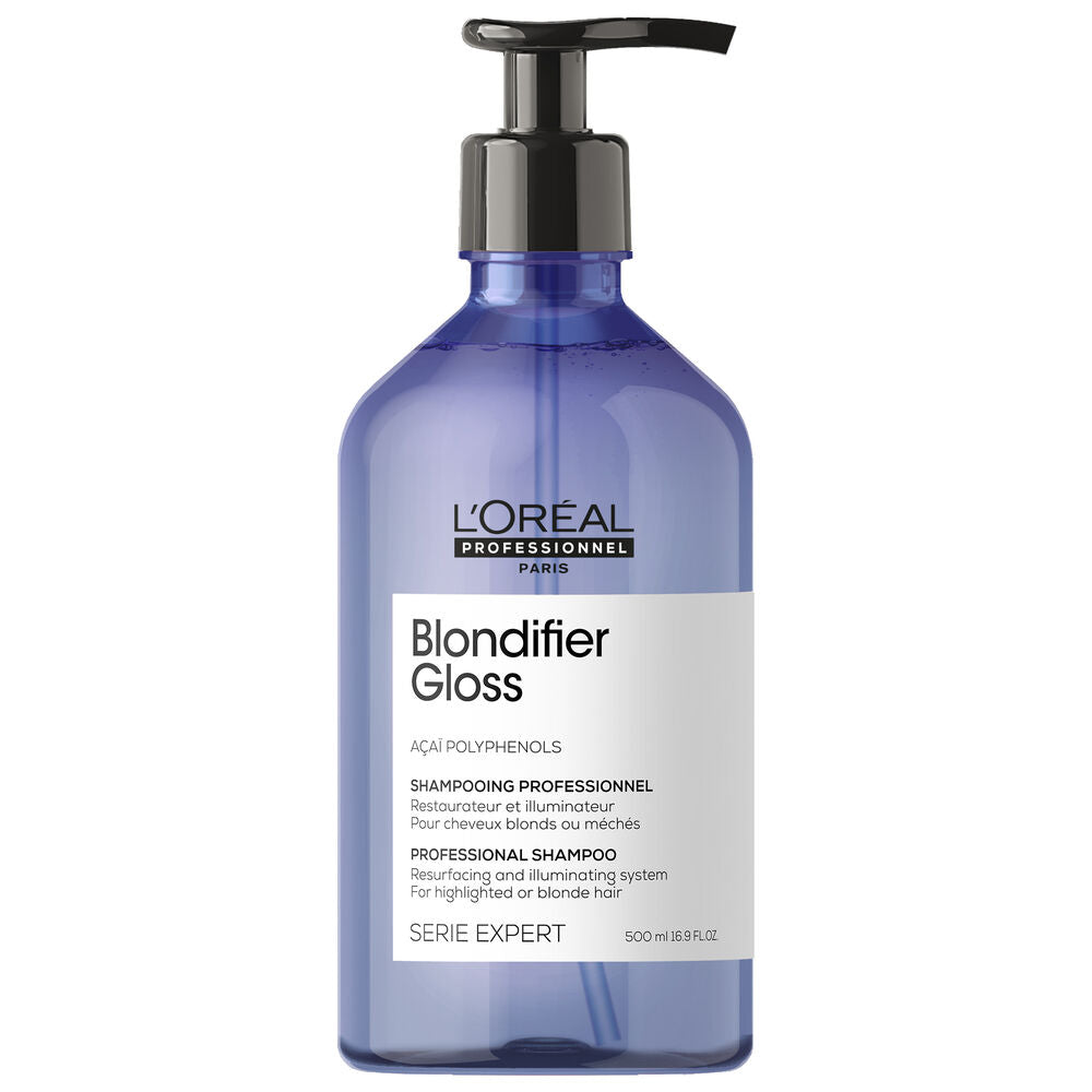 Shampoing Blondifier Gloss L’Oréal Professionnel 500 ml, bouteille bleu lavande avec pompe noire, soin illuminateur aux polyphénols d’açaï pour cheveux blonds.