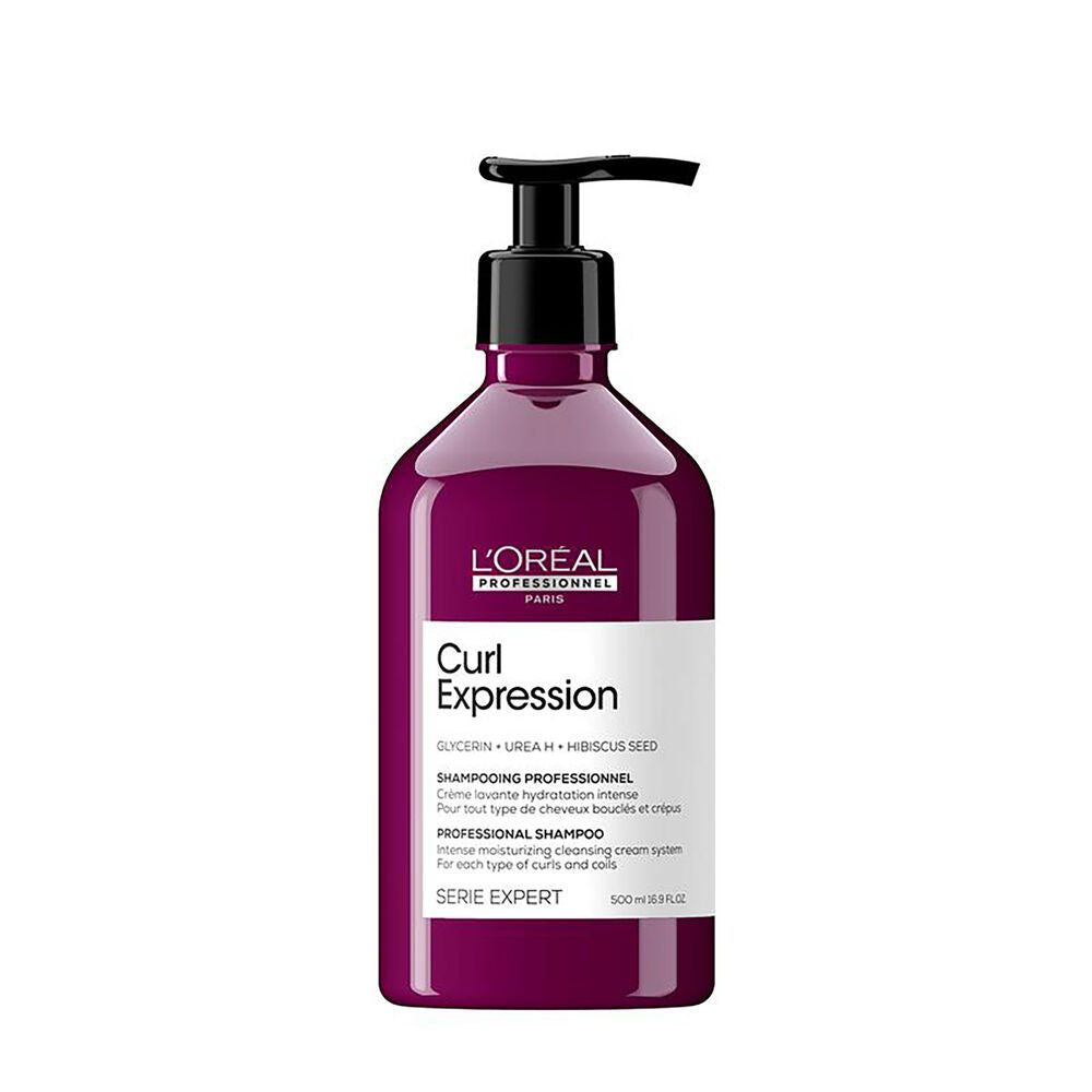 Shampoing crème lavante Curl Expression L’Oréal Professionnel 500 ml, bouteille violet framboise avec pompe noire et étiquette blanche sur fond blanc