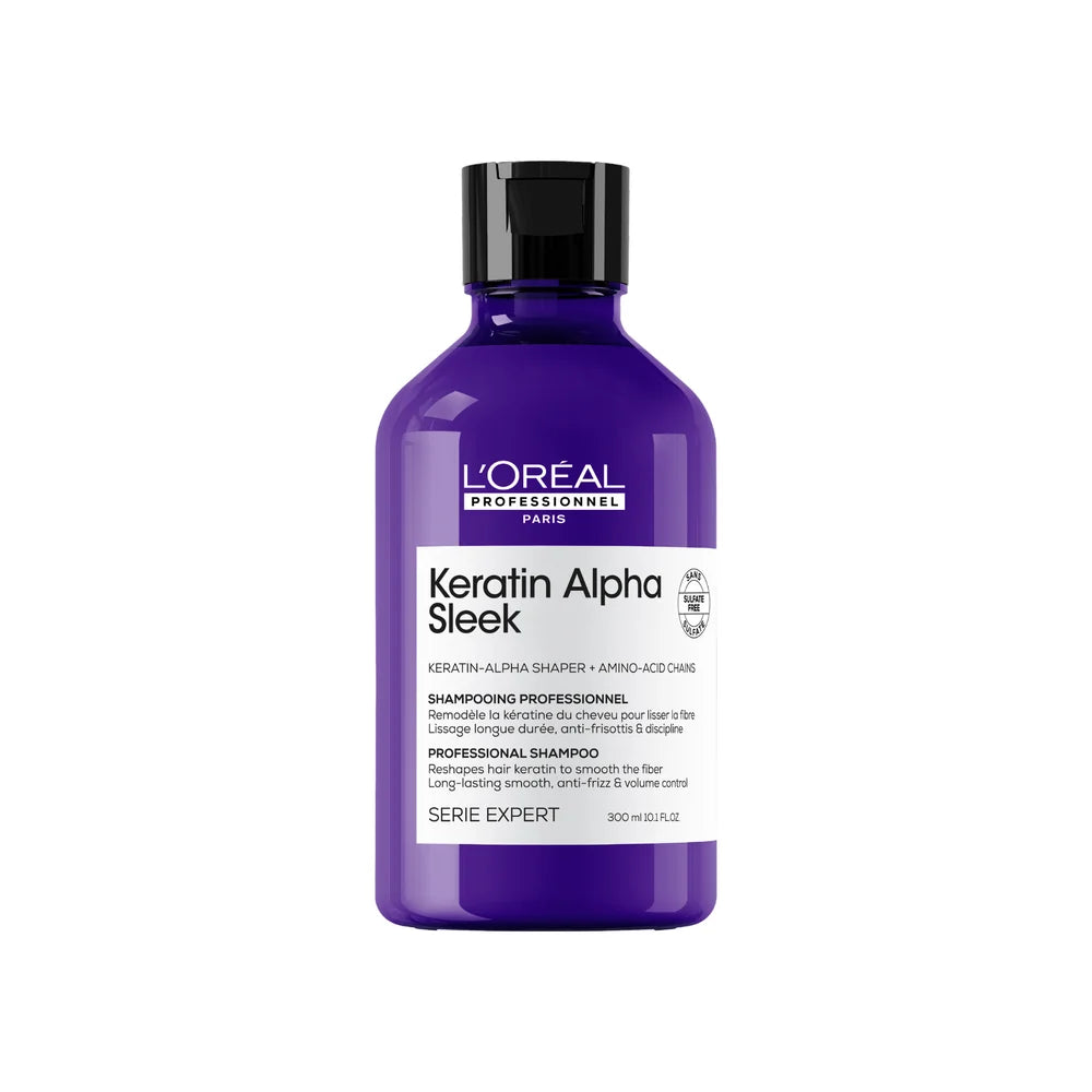 Shampoing L’Oréal Professionnel Keratin Alpha Sleek 300 ml en bouteille violette avec pompe noire, soin lissant professionnel pour cheveux.