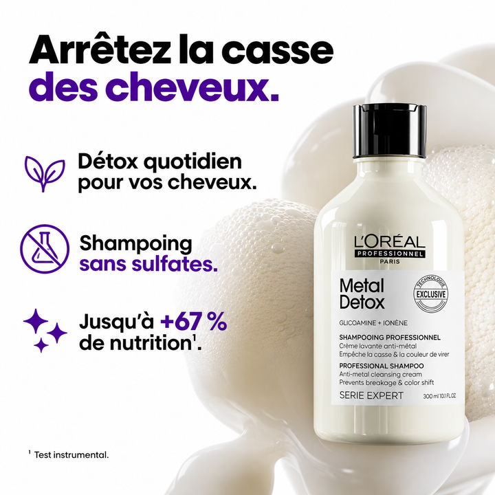 Shampoing L’ORÉAL Professionnel Metal Detox avec Glicoamine, présenté avec mousse, shampoing sans sulfates aidant à protéger les cheveux de la casse.