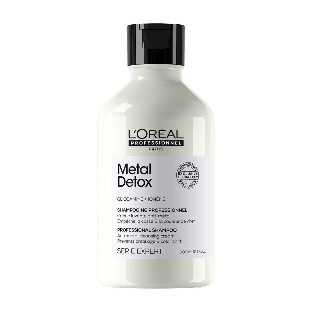 Shampoing Metal Detox L’ORÉAL Professionnel Série Expert 300 ml, bouteille blanc crème avec bouchon noir sur fond blanc.