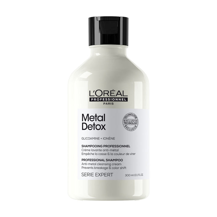 Shampoing Metal Detox L’ORÉAL Professionnel Série Expert 300 ml, bouteille blanc crème avec bouchon noir sur fond blanc.