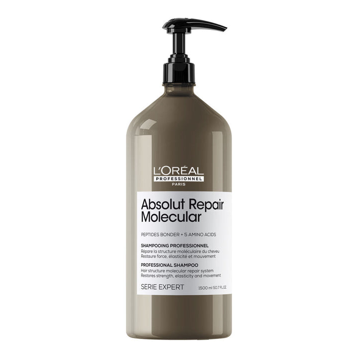 Shampooing L’ORÉAL Professionnel Absolut Repair Molecular 1500 ml, grand format pompe pour cheveux très abîmés, flacon brun taupe sur fond blanc.