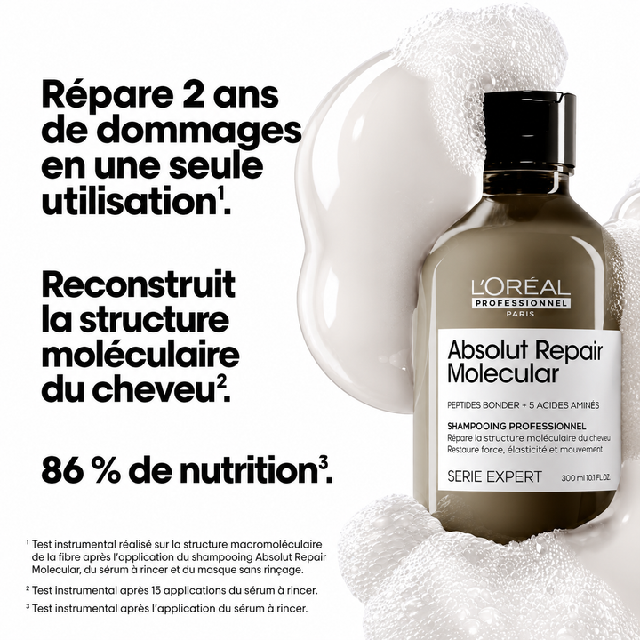 Shampooing L’ORÉAL Absolut Repair Molecular présenté avec mousse, visuel indiquant réparation des dommages, reconstruction moléculaire et 86 % de nutrition.