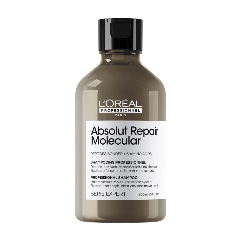 Shampooing L’ORÉAL Professionnel Absolut Repair Molecular 300 ml, flacon brun taupe avec bouchon noir et étiquette blanche sur fond blanc.