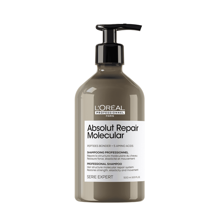 Shampooing L’ORÉAL Professionnel Absolut Repair Molecular 500 ml pour cheveux abîmés, flacon brun taupe avec pompe noire sur fond blanc.