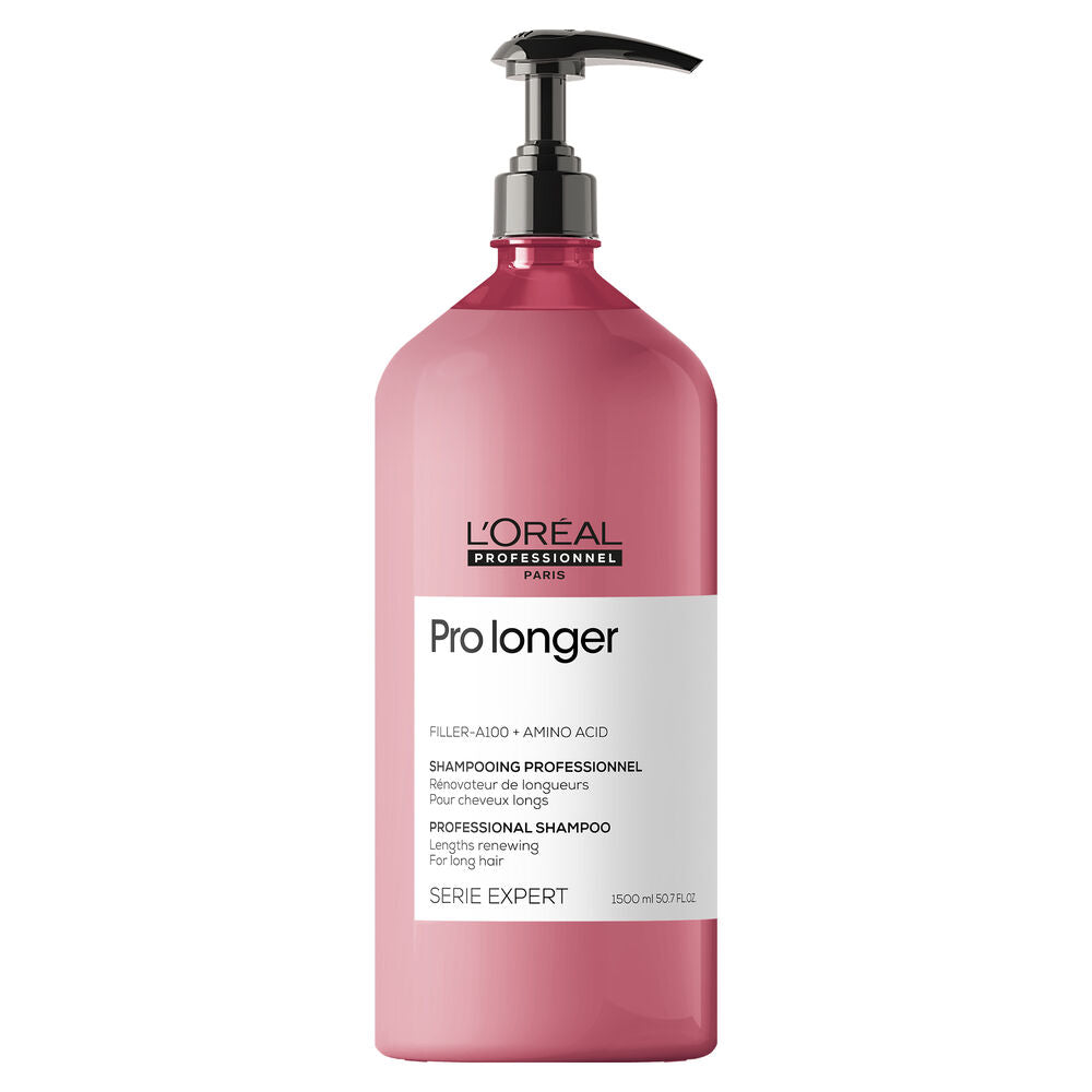 Shampoing professionnel Pro Longer L’Oréal Professionnel Serie Expert 1500 ml, grande bouteille rose avec pompe noire, pour cheveux longs et longueurs fragilisées.