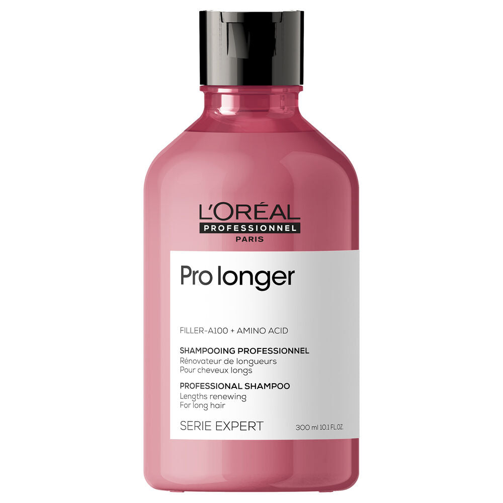 Shampoing Pro Longer L’Oréal Professionnel Serie Expert 300 ml, bouteille rose avec bouchon noir et étiquette blanche, pour cheveux longs.