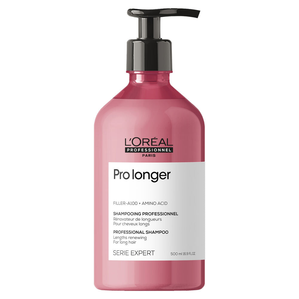 Shampoing Pro Longer L’Oréal Professionnel 500 ml, bouteille rose avec pompe noire, Filler-A100 et acides aminés, pour cheveux longs.