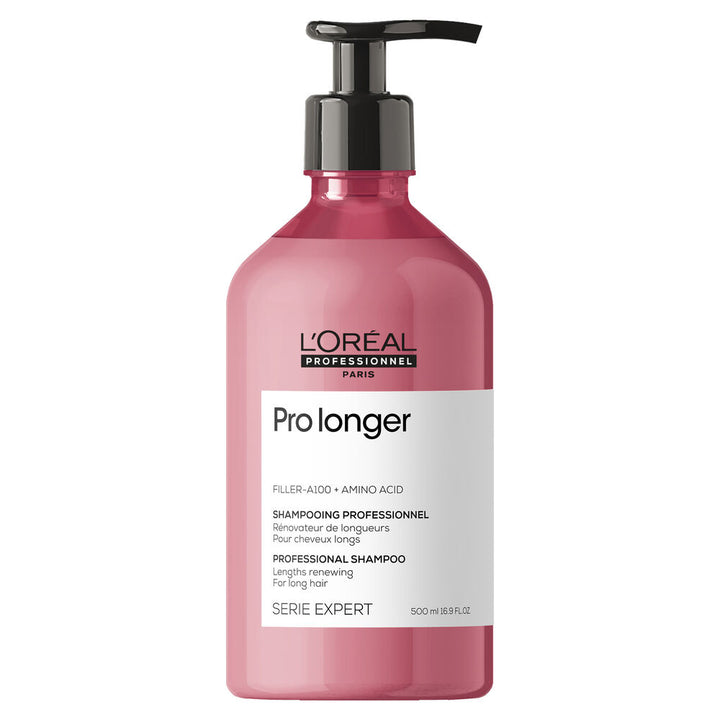 Shampoing Pro Longer L’Oréal Professionnel 500 ml, bouteille rose avec pompe noire, Filler-A100 et acides aminés, pour cheveux longs.