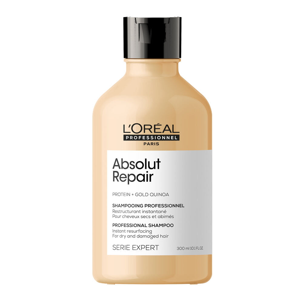 L’ORÉAL Professionnel Absolut Repair shampoing réparateur 300 ml pour cheveux secs et abîmés, bouteille beige doré avec bouchon noir sur fond blanc.