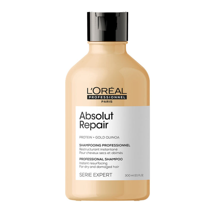 L’ORÉAL Professionnel Absolut Repair shampoing réparateur 300 ml pour cheveux secs et abîmés, bouteille beige doré avec bouchon noir sur fond blanc.