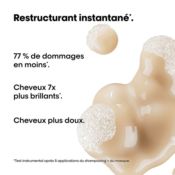 Visuel L’ORÉAL Absolut Repair présentant les bienfaits du shampoing réparateur pour cheveux abîmés : brillance, douceur et réduction des dommages.