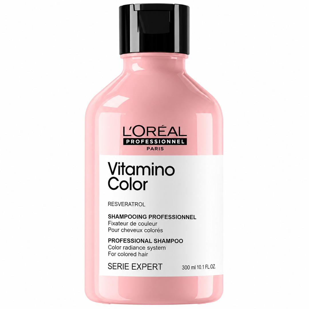 Shampoing L’Oréal Professionnel Vitamino Color 300 ml au resvératrol, bouteille rose avec bouchon noir sur fond blanc.