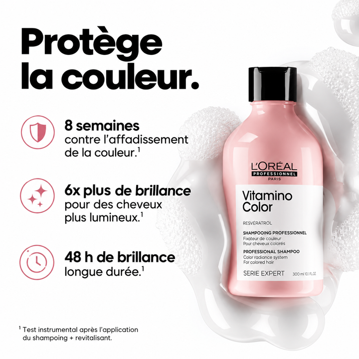 L’Oréal Professionnel Vitamino Color shampoing pour cheveux colorés avec resvératrol, présenté avec ses bénéfices de protection et de brillance.