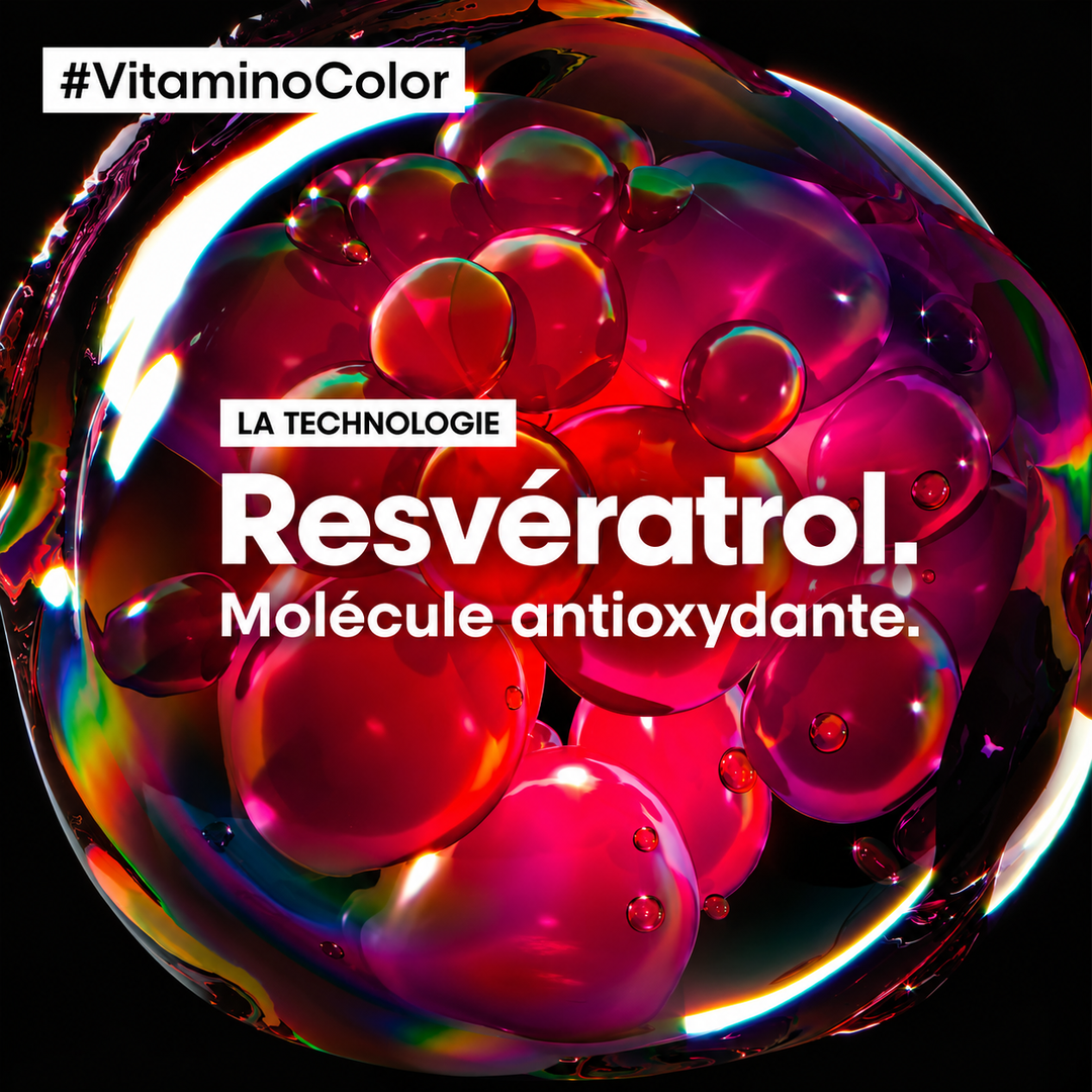Technologie au resvératrol antioxydant de L’Oréal Professionnel Vitamino Color, illustrée par des molécules rouges et roses sur fond noir.