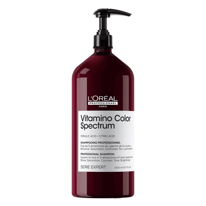 Shampooing L’Oréal Professionnel Vitamino Color Spectrum 1500 ml, grande bouteille bordeaux avec bouchon noir pour cheveux colorés.