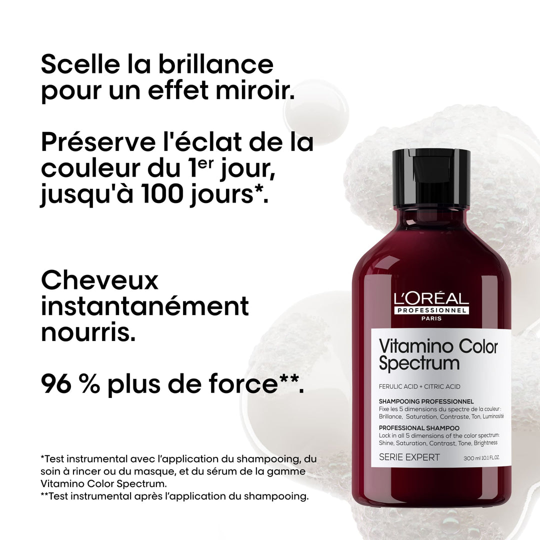 Shampooing Vitamino Color Spectrum L’Oréal Professionnel pour cheveux colorés, brillance effet miroir, nutrition et cheveux renforcés.