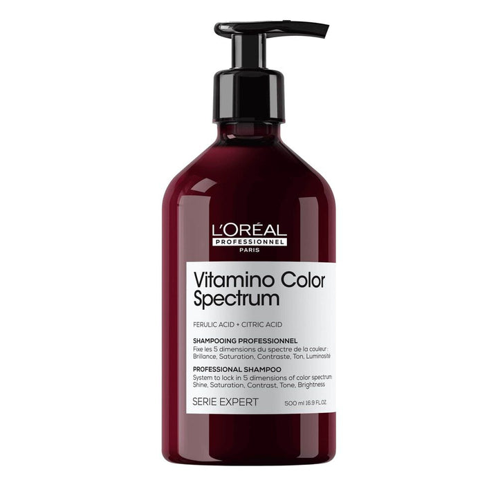 Shampooing L’Oréal Professionnel Vitamino Color Spectrum 500 ml avec pompe noire, soin professionnel pour préserver la couleur des cheveux.